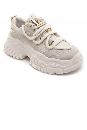 BEIGE CHUNKY PLATFORM LACE UP SNEAKERS TRAINERS