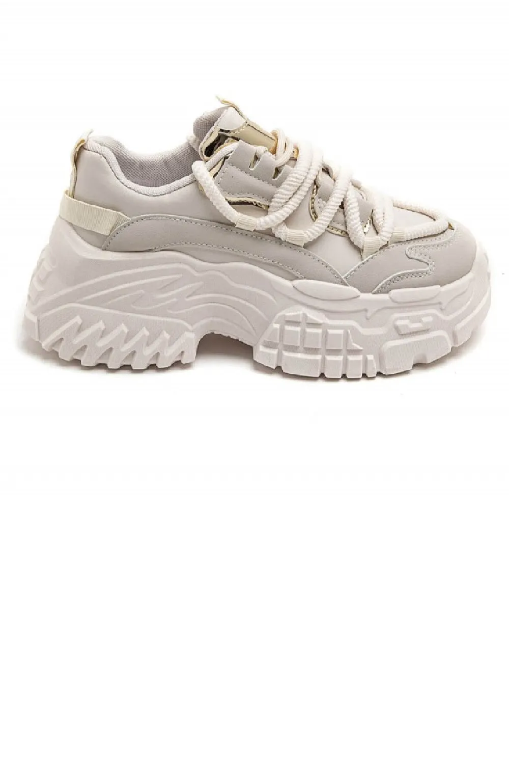 BEIGE CHUNKY PLATFORM LACE UP SNEAKERS TRAINERS