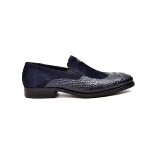 British Walkers Shiraz Men's Navy Blue Crocodile Leather and Suede Loafers