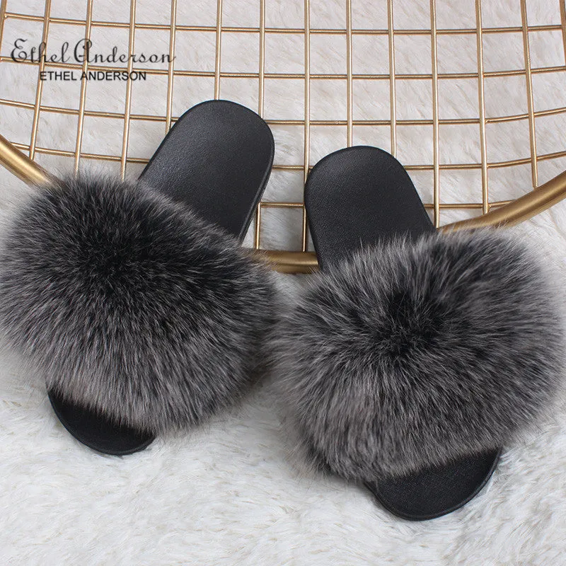 Casual Fox Fur Slides Indoor Flip Flops Fluffy Slippers