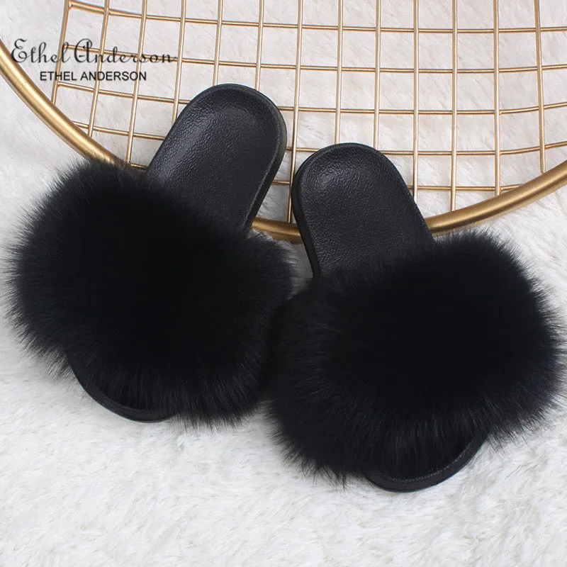 Casual Fox Fur Slides Indoor Flip Flops Fluffy Slippers