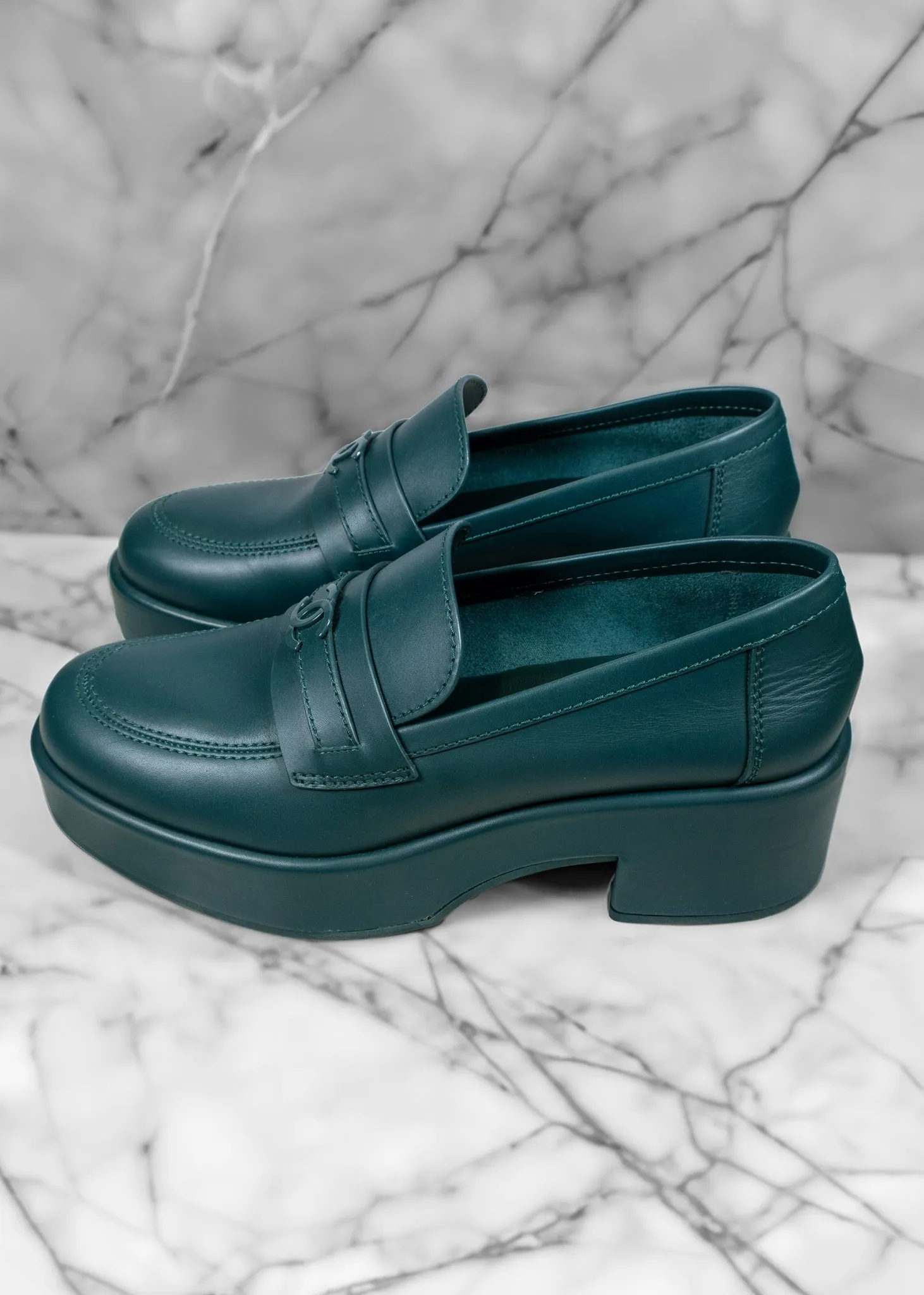 Chanel Dark Green Leather CC Platform Loafers