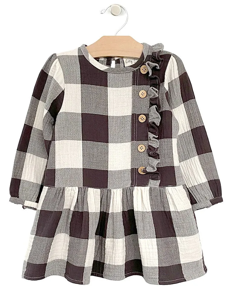 City Mouse Buffalo Check Crinkle Drop Waist Button Dress