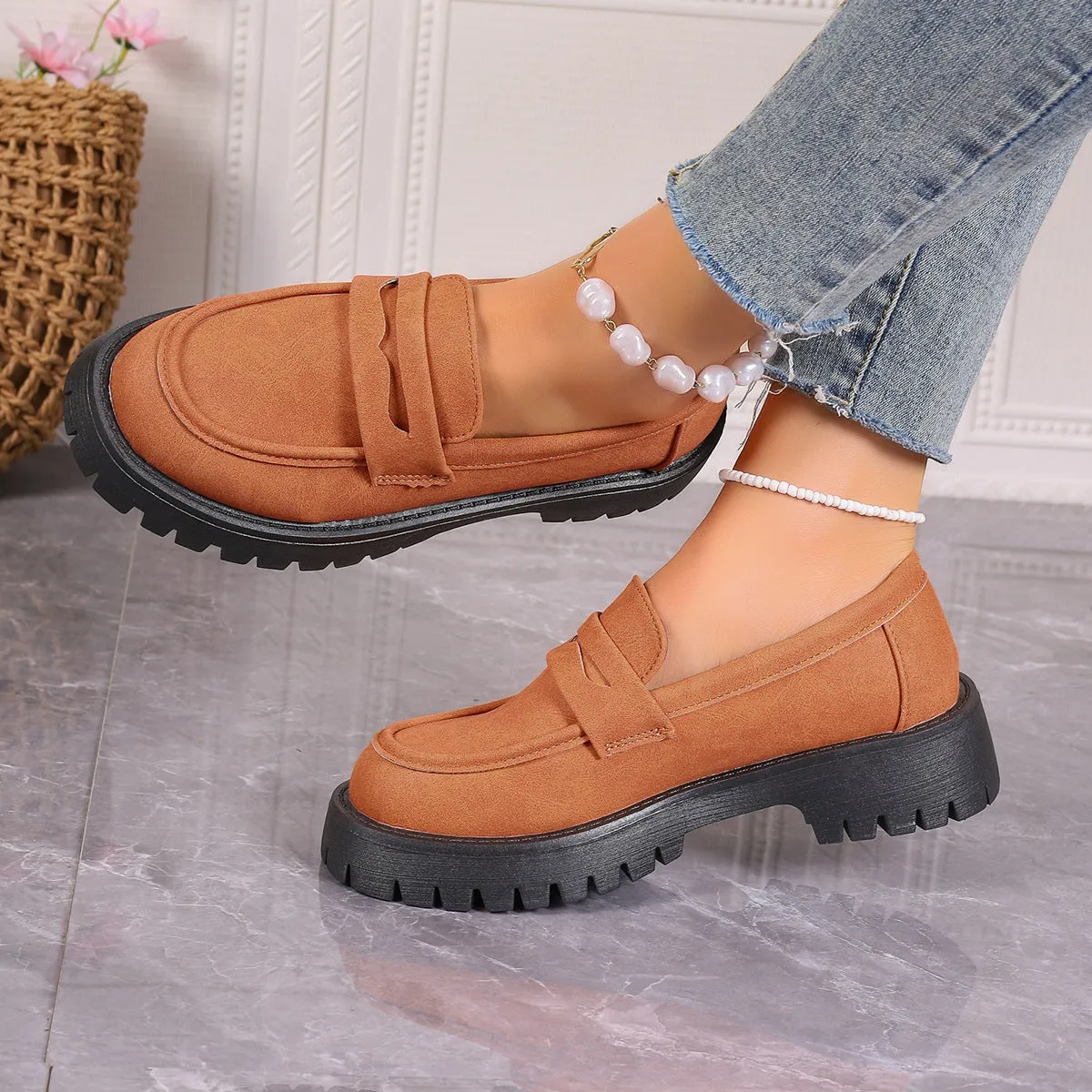 Comfortable Women Chunky Suede Leather Platform Work Loafers Shoes