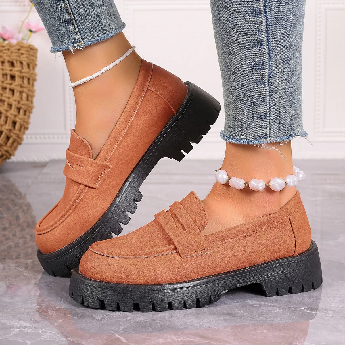 Comfortable Women Chunky Suede Leather Platform Work Loafers Shoes