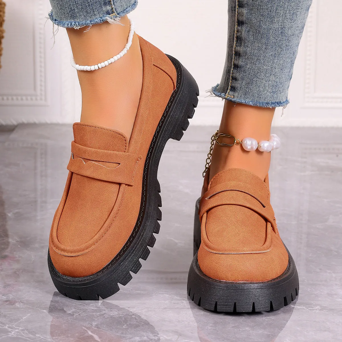 Comfortable Women Chunky Suede Leather Platform Work Loafers Shoes