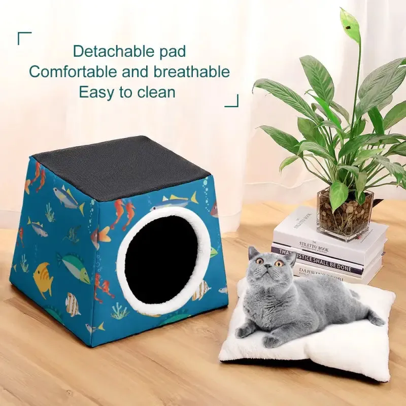 Cute Fish Print Cat Cave - Washable Comfort for Happy Cats