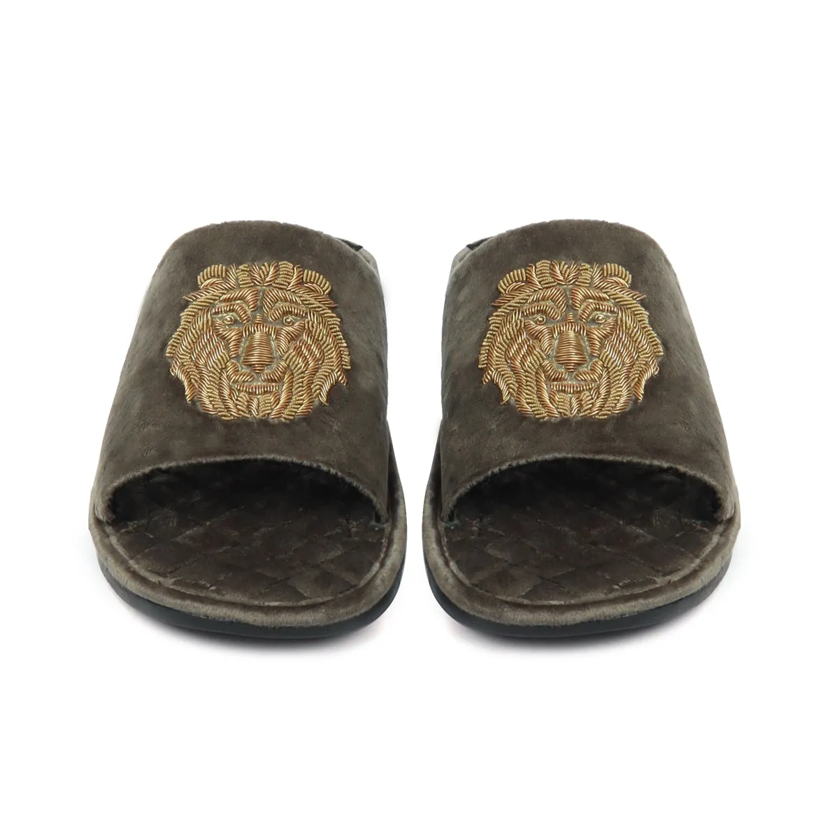 Grey Quilted Base Lion Zardosi Men Velvet Slide In Slippers By Brune & Bareskin