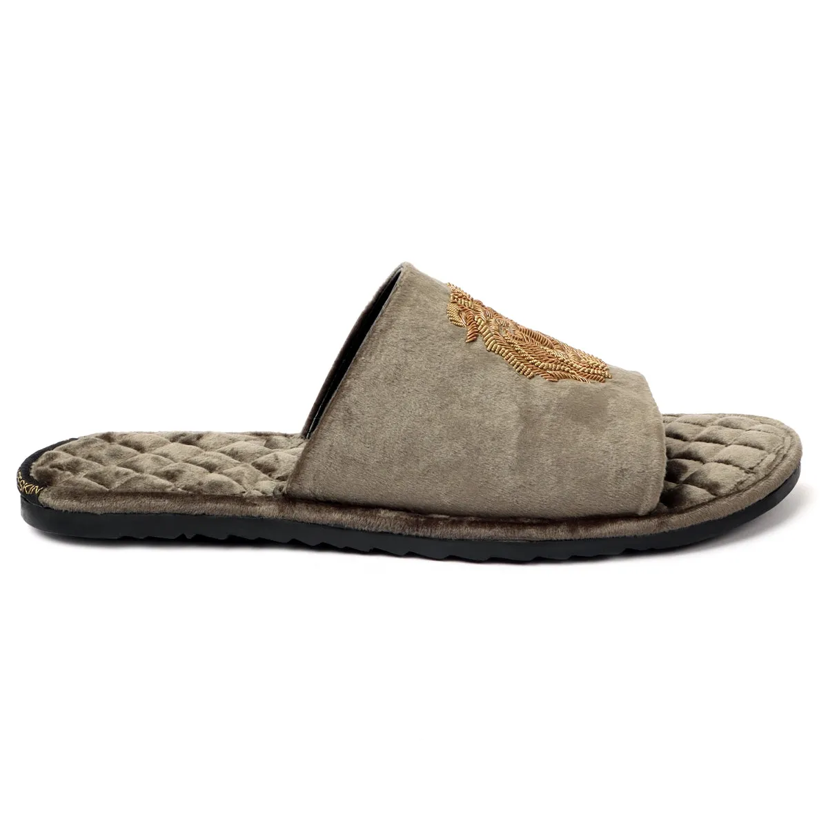 Grey Quilted Base Lion Zardosi Men Velvet Slide In Slippers By Brune & Bareskin