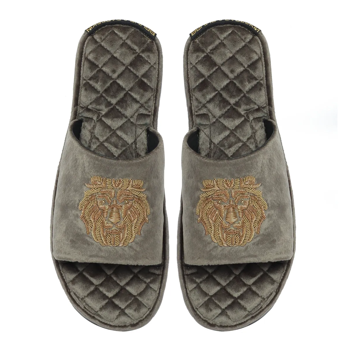 Grey Quilted Base Lion Zardosi Men Velvet Slide In Slippers By Brune & Bareskin