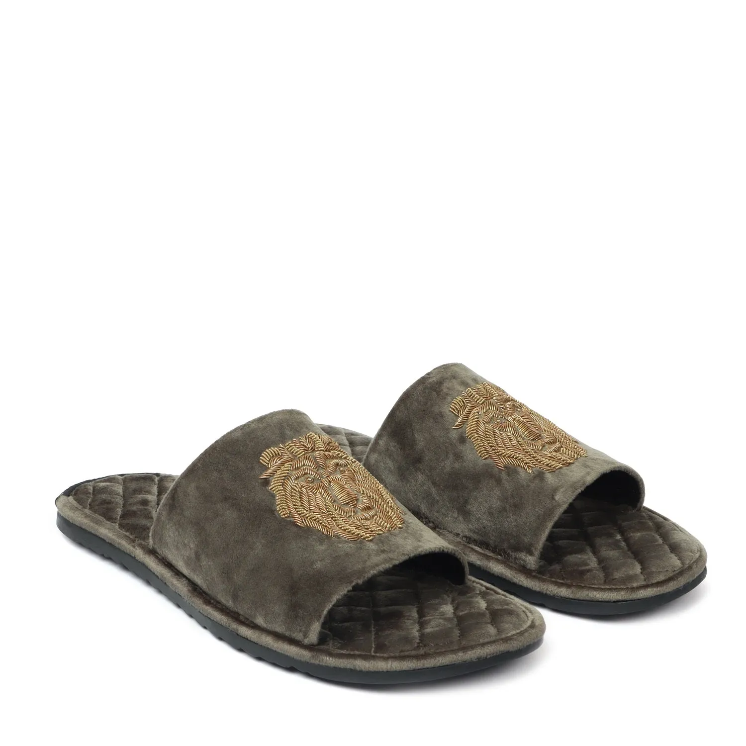 Grey Quilted Base Lion Zardosi Men Velvet Slide In Slippers By Brune & Bareskin