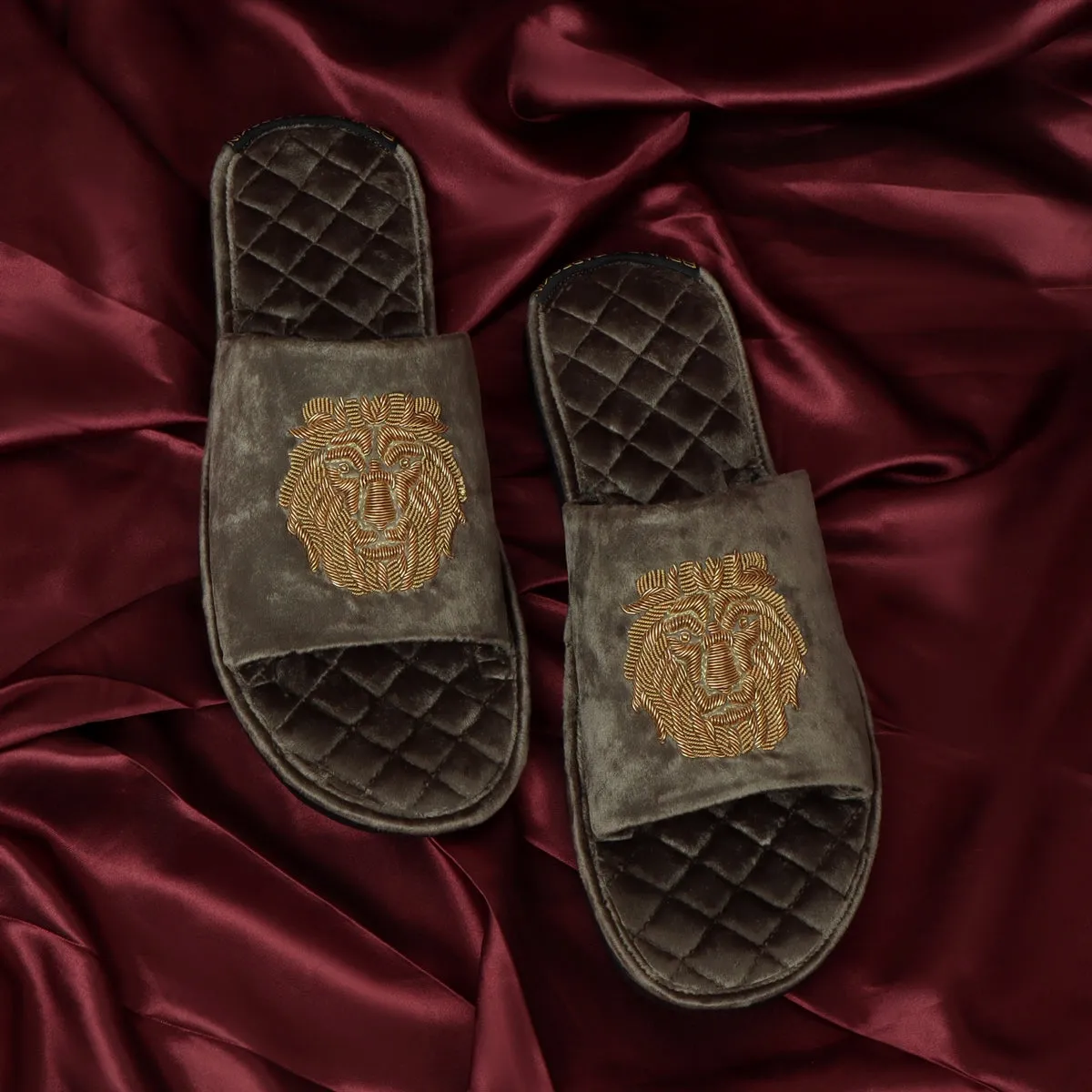 Grey Quilted Base Lion Zardosi Men Velvet Slide In Slippers By Brune & Bareskin