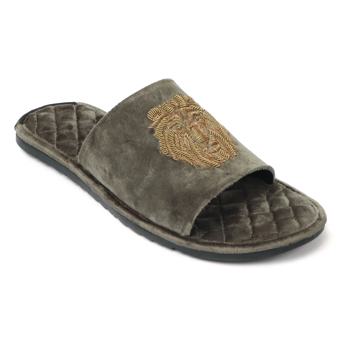 Grey Quilted Base Lion Zardosi Men Velvet Slide In Slippers By Brune & Bareskin