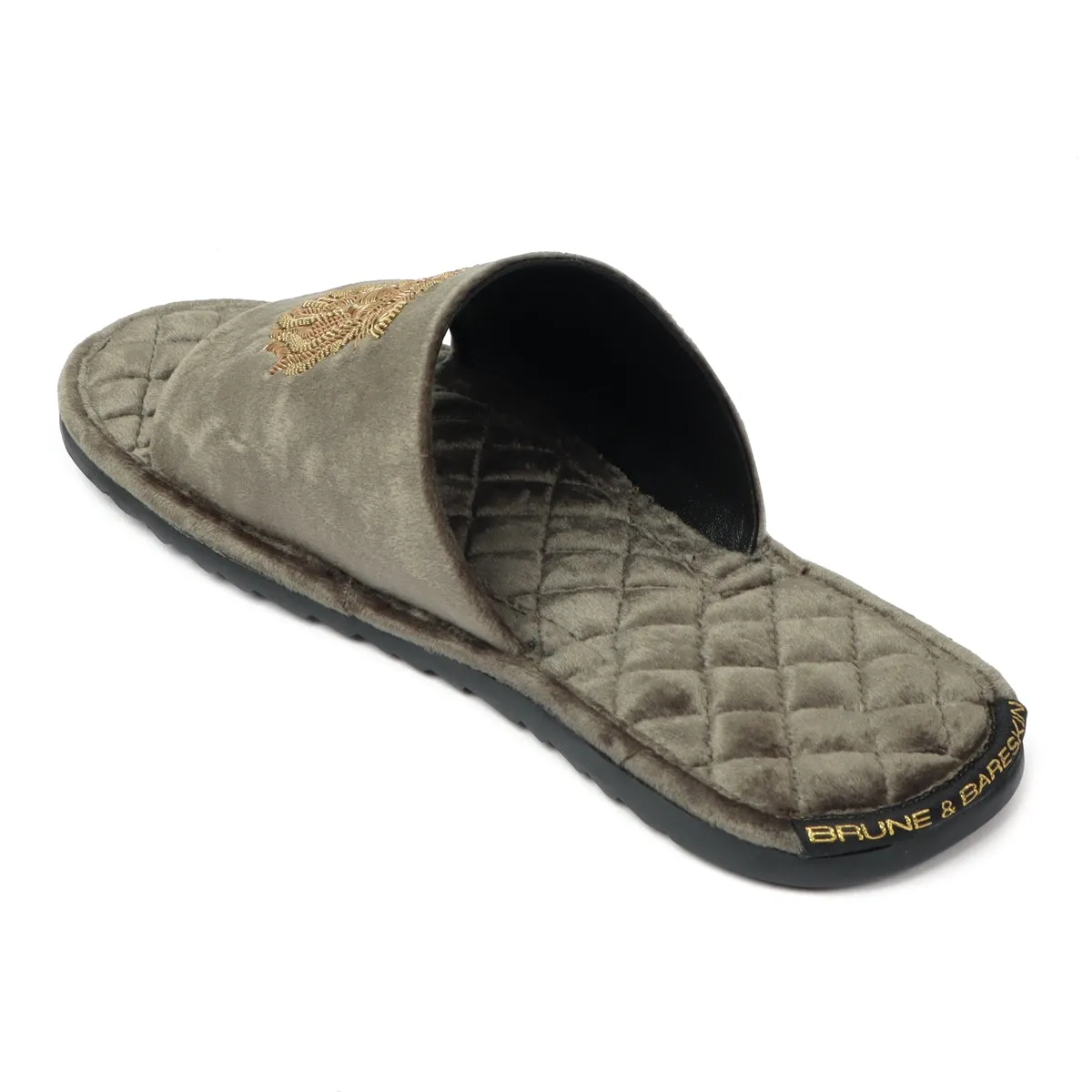 Grey Quilted Base Lion Zardosi Men Velvet Slide In Slippers By Brune & Bareskin