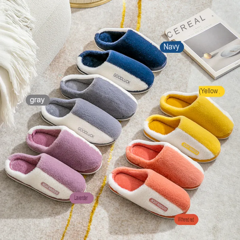 New Home Cotton Slippers for Women Winter Cute Plush Indoor Warm Cartoon Couple Anti-Slip Home Slippers