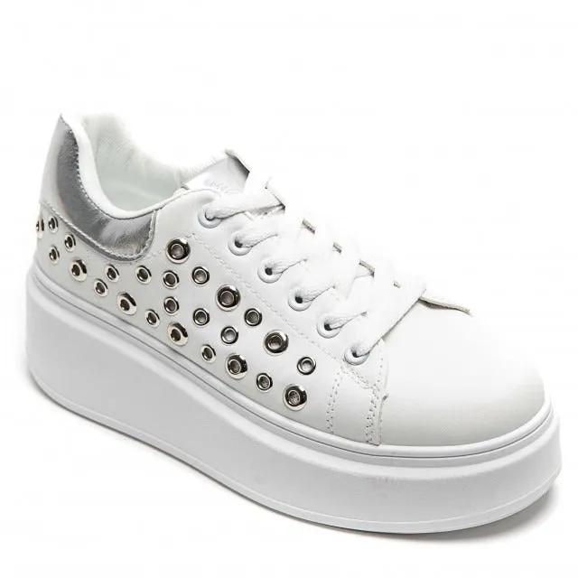 SILVER LACE UP SIDE DETAIL CHUNKY STYLISH FLAT TRAINERS