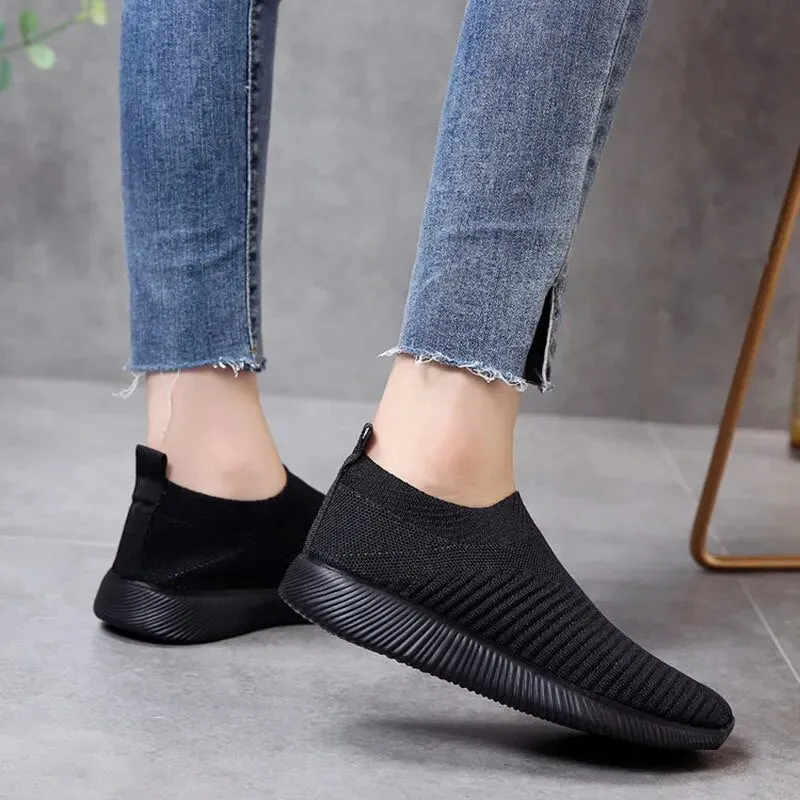 VIP Knitted Sneakers for Women Autumn Slip on Breathable Mesh Casual Shoes Woman Flat Heels Plus Size Loafers Zapatos Mujer