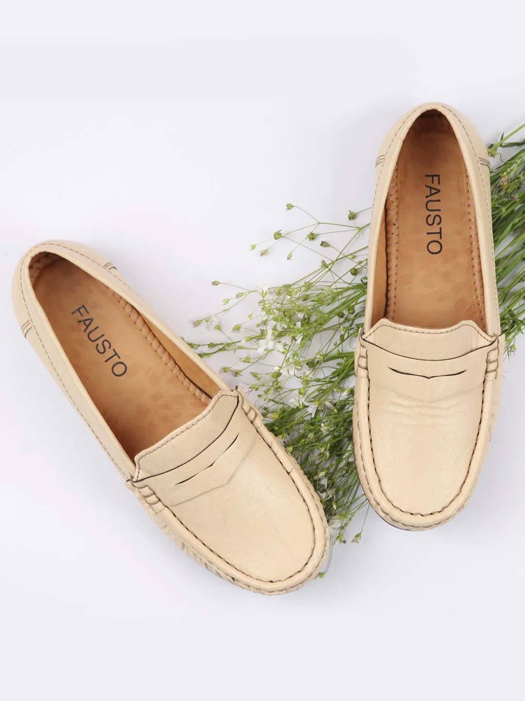 Women Cream Stitched Slip On Loafers