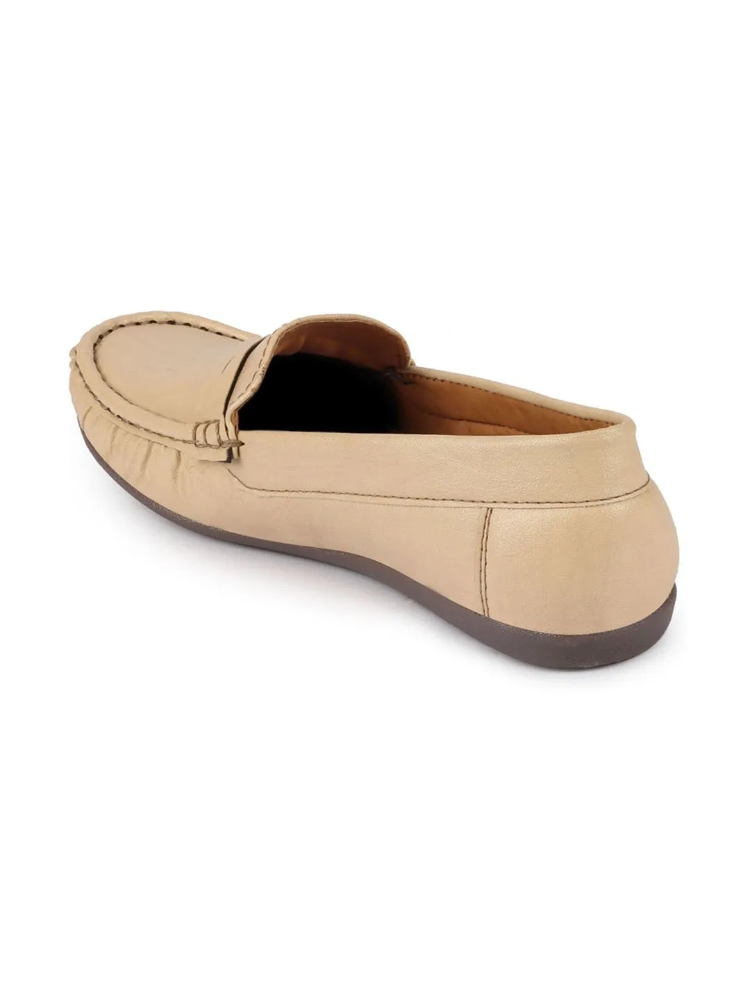 Women Cream Stitched Slip On Loafers