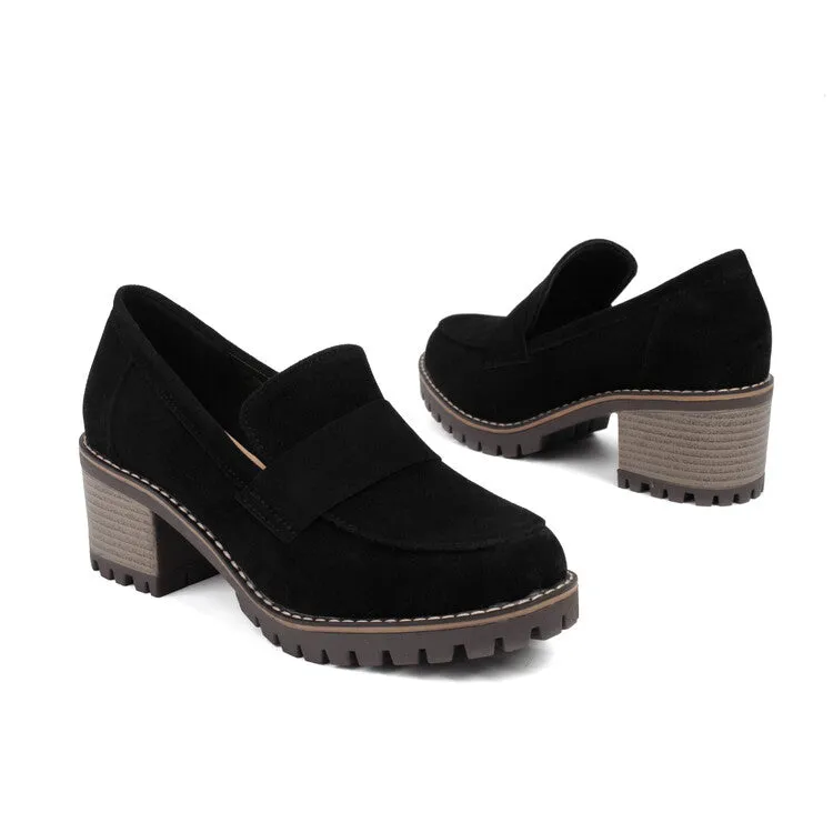 Women's Round Toe Platform Square Heel Loafers Shoes