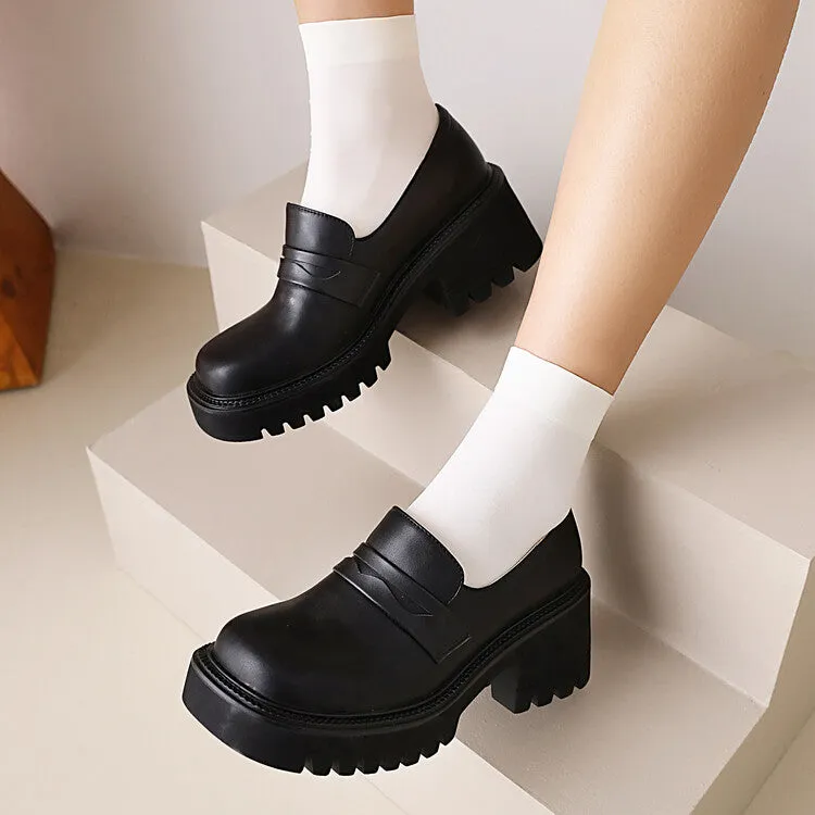 Women's Square Toe Block Chunky Heel Platform Loafers