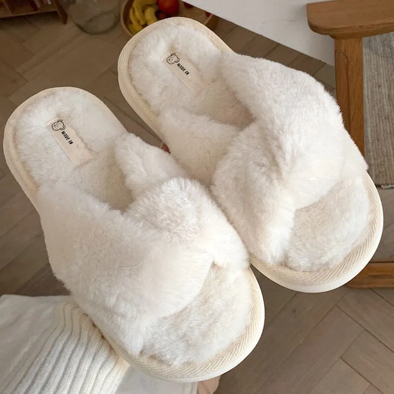 xiangtuibao Crossband Fluffy Fur Slippers Women Warm Open Toe Plush Memory Foam Slide Slippers Home  Winter Spa Indoor Shoes