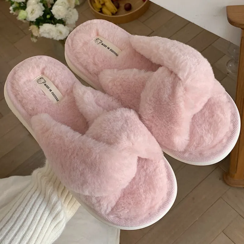 xiangtuibao Crossband Fluffy Fur Slippers Women Warm Open Toe Plush Memory Foam Slide Slippers Home  Winter Spa Indoor Shoes