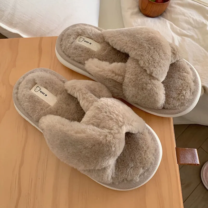 xiangtuibao Crossband Fluffy Fur Slippers Women Warm Open Toe Plush Memory Foam Slide Slippers Home  Winter Spa Indoor Shoes