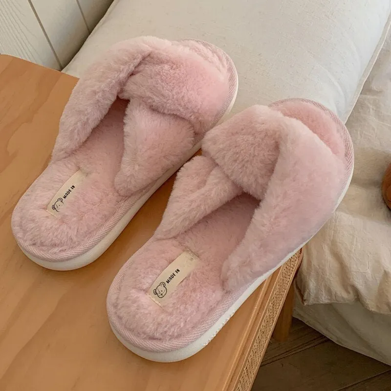 xiangtuibao Crossband Fluffy Fur Slippers Women Warm Open Toe Plush Memory Foam Slide Slippers Home  Winter Spa Indoor Shoes