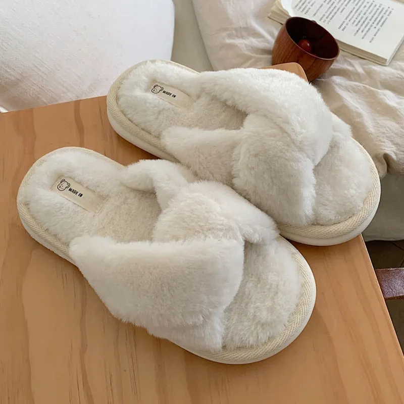 xiangtuibao Crossband Fluffy Fur Slippers Women Warm Open Toe Plush Memory Foam Slide Slippers Home  Winter Spa Indoor Shoes