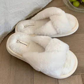 xiangtuibao Crossband Fluffy Fur Slippers Women Warm Open Toe Plush Memory Foam Slide Slippers Home  Winter Spa Indoor Shoes